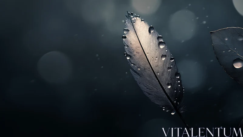 Gentle feather with raindrops glowing in soft moody light.
