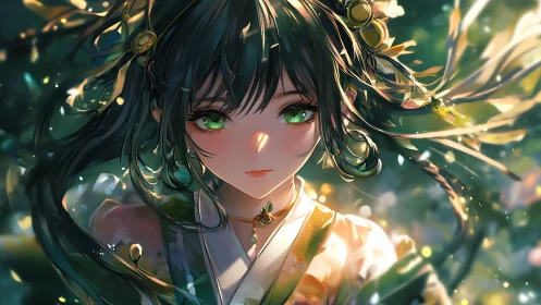 Emerald-eyed anime maiden rendered in luminous bokeh lighting