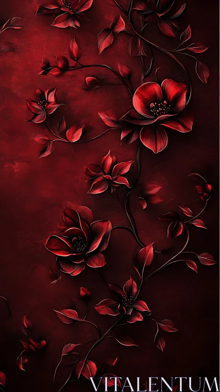 Deep Crimson Floral Tapestry: Layered Botanical Relief.