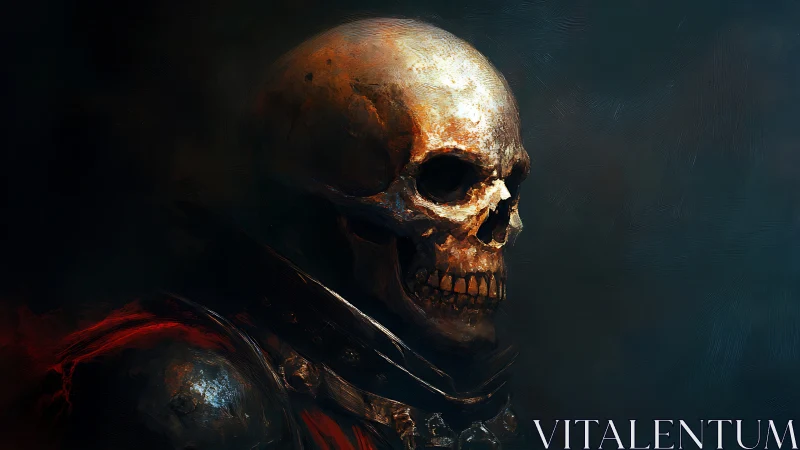 Weathered human skull in armor is rendered in profile view