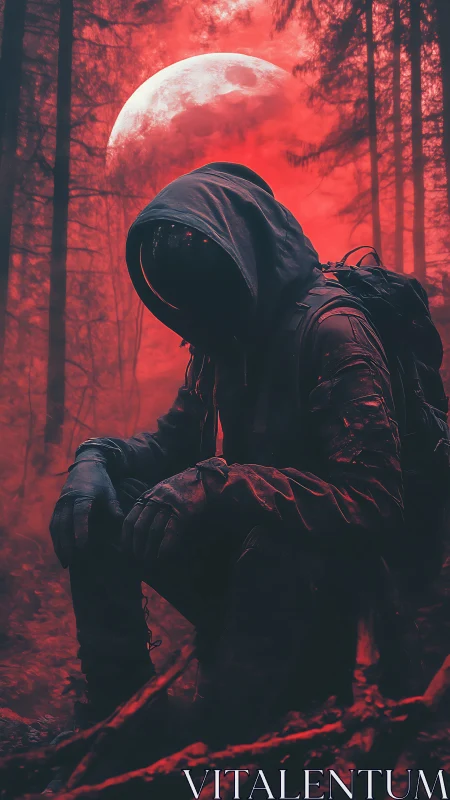 Hooded wanderer rests under blood red moon in dense forest