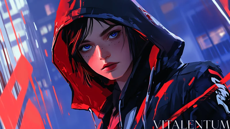 Hooded cyberpunk heroine stares through neon-soaked night.