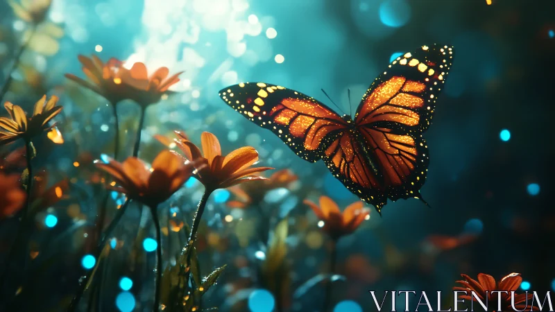 Glowing monarch butterfly rendered in shallow depth field bokeh garden