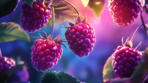 Rendered raspberry cluster is illuminated by colored backlight