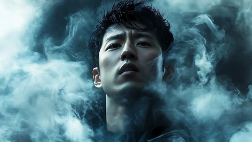 Mystical portrait of solitary man emerging through vapor.