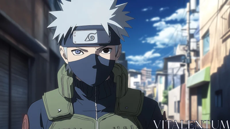 Masked silver-haired ninja in tactical vest on sunlit alleyway