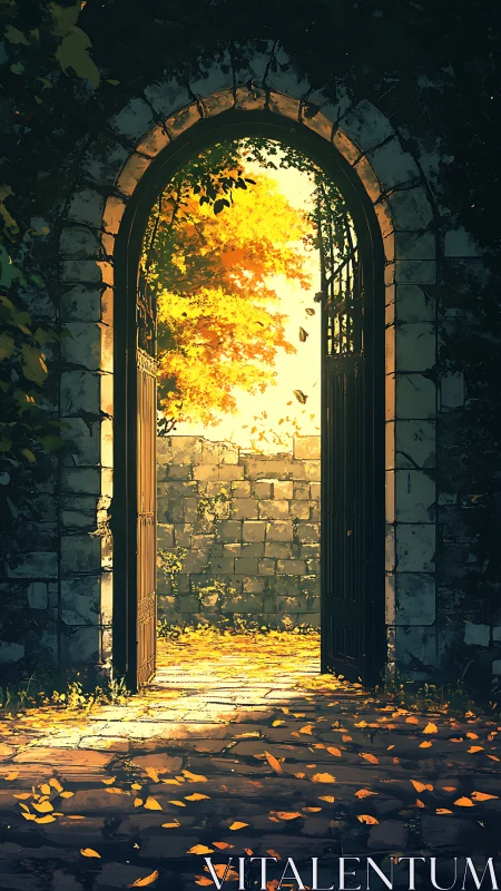 Autumn light through stone archway with open wrought-iron gate.