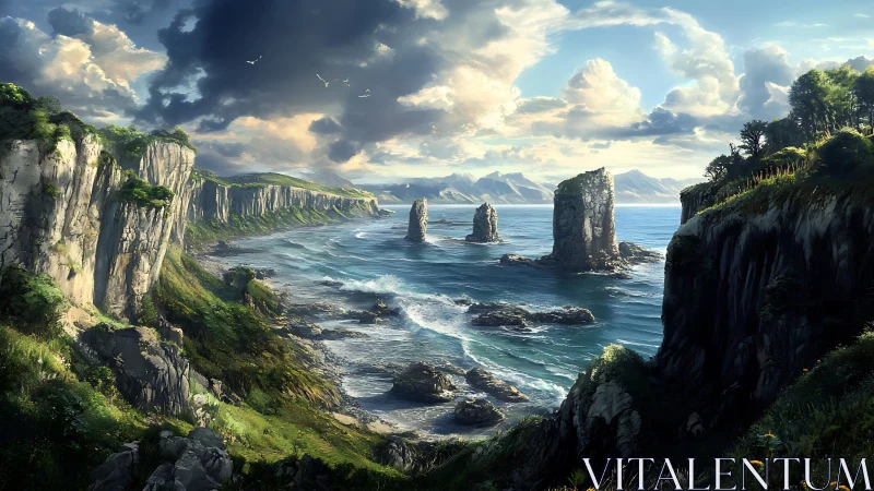 Dramatic Coastal Cliffs with Sea Stacks and Mountains. Digital Landscape.