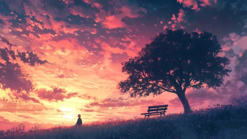 Solitary figure under dusk sky beside lone hilltop bench.