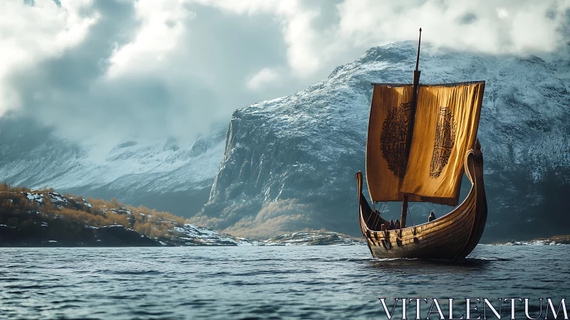 Viking longship sails on cold fjord beneath snowy cliffs