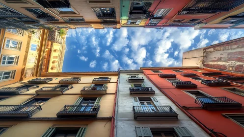 Converging apartment facades frame blue sky with strong vertical perspective