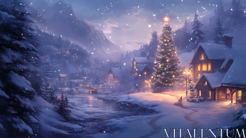 Snowlit village hushes under a towering starlit tree glow