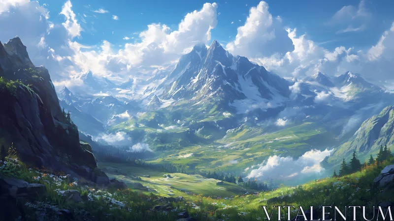 Sunlit alpine valley opens beneath towering snow peaks