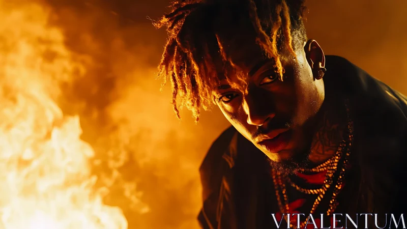 Low key portrait of man with firelight and warm rim lighting