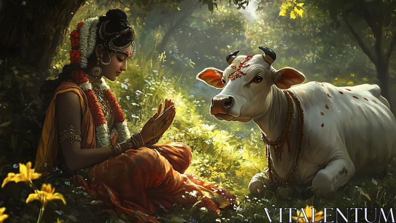 Digital painting of Indian woman meditating beside sacred cow