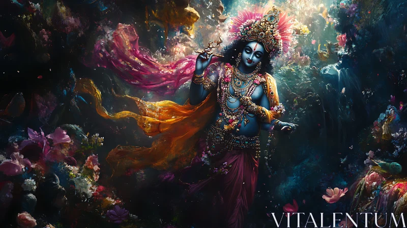 Divine blue figure with flute amid dense floral environment.