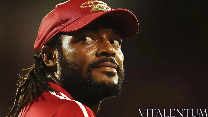 Side-lit cricketer portrait in red cap under stadium lights