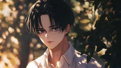 Melancholic anime youth in dappled golden forest light.