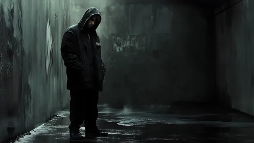 Hooded figure standing in a wet, dimly lit urban alleyway.