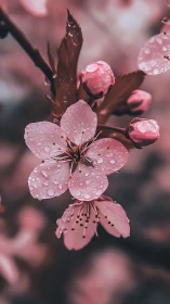Delicate pink blossoms adorned with rain droplets in soft focus