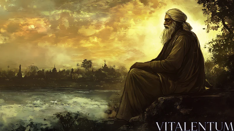 Solitary sage contemplates a misty river at sunset.