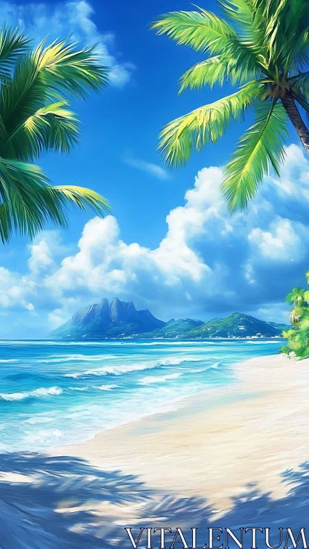 Tropical Beach with Palm Trees and Mountain Coastline