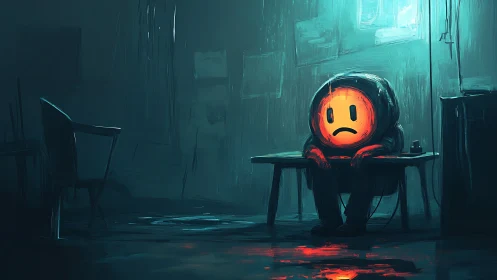 Figure with glowing face symbol sits alone in dim interior