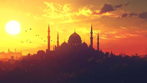 Sunlit mosque silhouette crowns vivid tropical skyline.