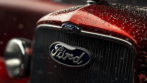 Vintage Ford grille gleams under fine raindrops closeup