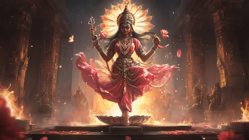 Divine goddess figure ascends in flame lit temple environment
