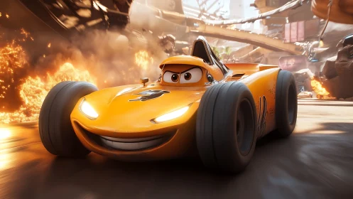 Speedy orange race car smiles boldly through blazing chaos