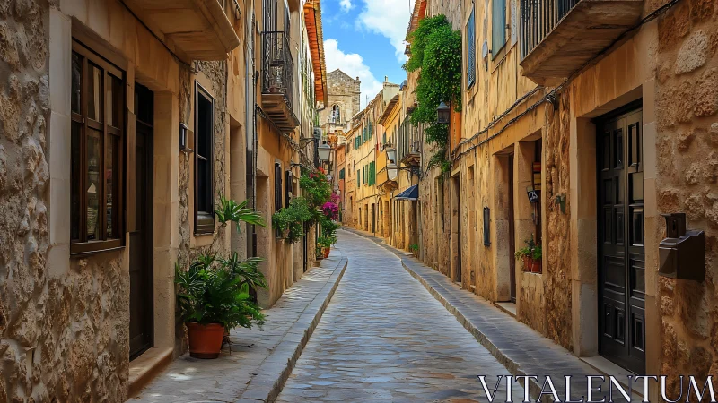 Sunlit stone alley with plants in historic European town.