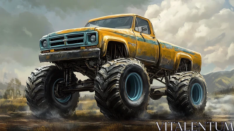 Yellow lifted monster truck in muddy open landscape.