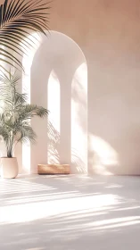 Sunlit archway casts soft shadows beside indoor palm plant