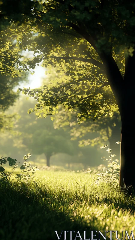 Sunlit forest meadow with soft morning haze glow.