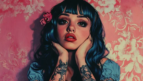 Blue haired tattooed woman against pink floral wall.