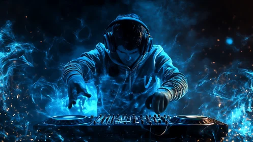 DJ commands neon soundscape with blazing blue energy waves.