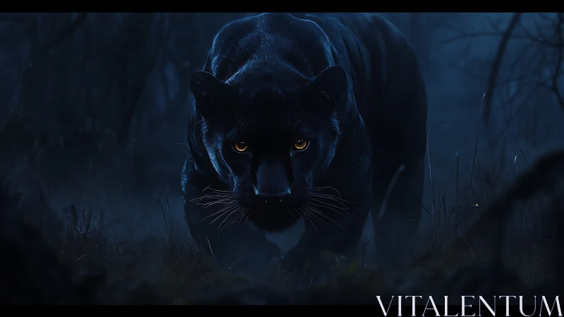 Black panther stalking through nocturnal forest environment