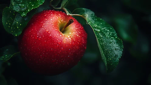 Rain-kissed crimson apple glowing in lush orchard shadows.