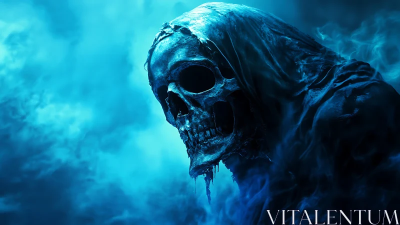 Hooded skeletal wraith in blue atmospheric fog lighting