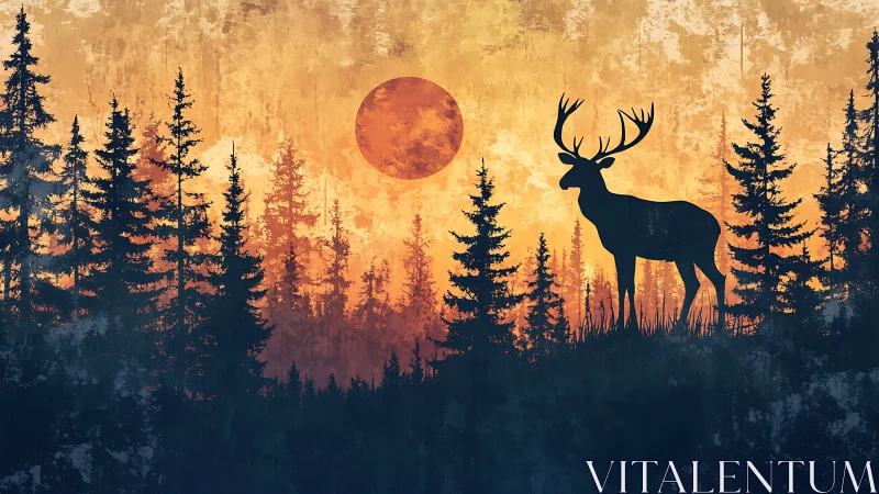 Majestic stag silhouette under fiery forest sunset sky.