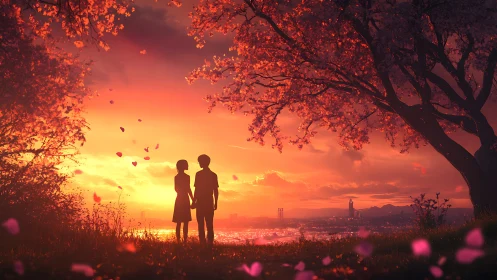 Silhouetted Couple Under Sunset Trees Watching Cityscape.