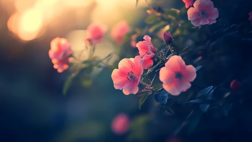 Pink roses glow softly in the golden sunset light