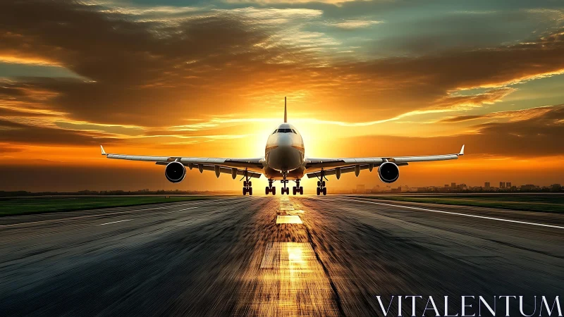 Jetliner crowns the runway in a blaze of molten sunrise skies.