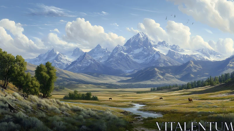 Snow crowned titans watch over horses drifting through light