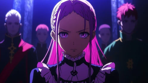 Intense anime heroine under dramatic rim lighting confronts council