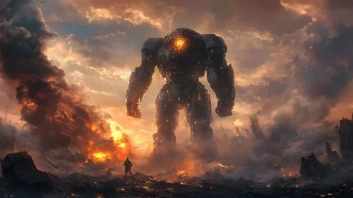 Colossal battle mech glowing warmly in a stormy wasteland.