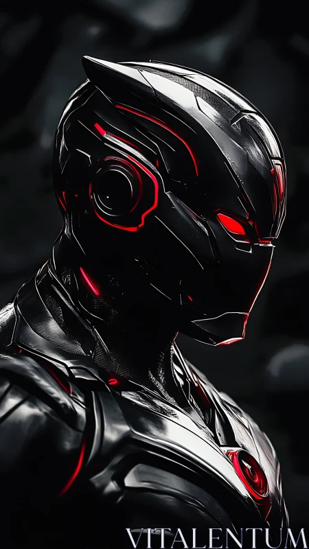 Midnight combat android with neon crimson highlights poised.