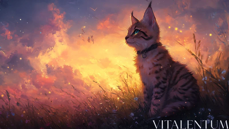 Feline figure positioned in field under dramatic sunset illumination.
