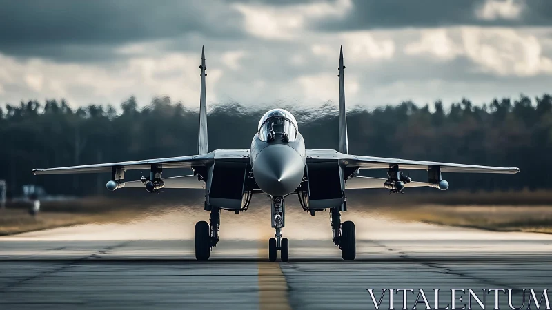 Front view jet fighter taxiing on runway under clouds